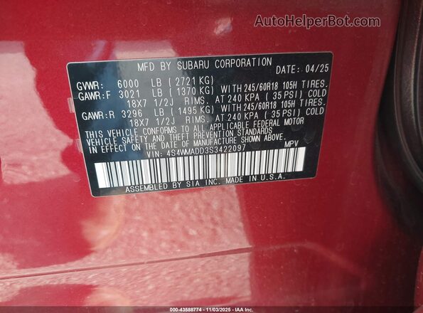 4S4WMADD3S3422097 2025 SUBARU ASCENT Maroon Շարժիչի բաժամունքի տեսք