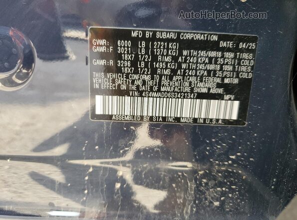 4S4WMADD6S3421347 2025 SUBARU ASCENT Blue Widok naklejki z numerem VIN