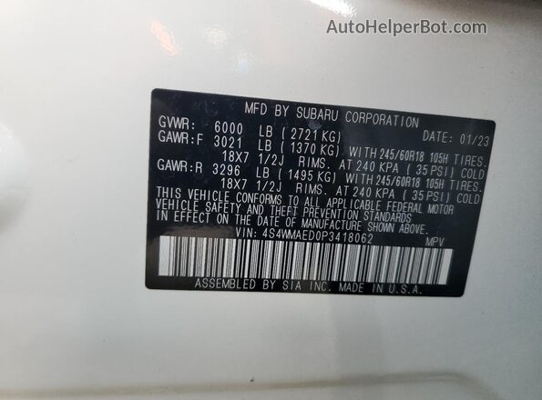 4S4WMAED0P3418062 2023 SUBARU ASCENT White VIN կոդի պիտակի տեսք