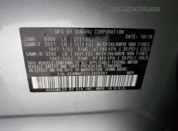 4S4WMAFD2L3425961 2020 SUBARU ASCENT Silver Вид підкапотного простору
