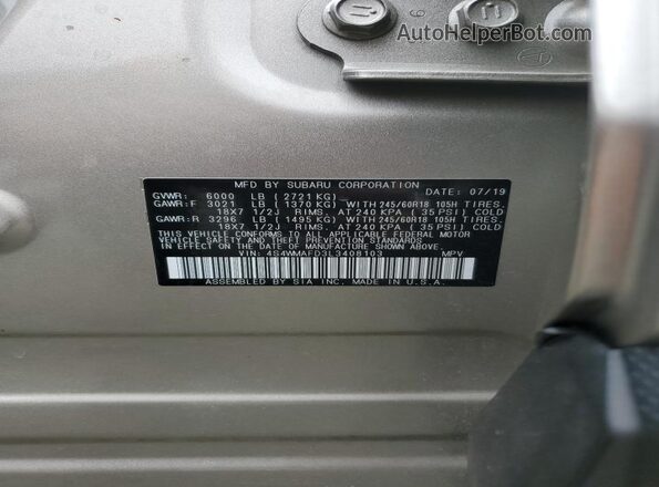 4S4WMAFD3L3408103 2020 SUBARU ASCENT Beige VIN კოდის სტიკერის ხედი