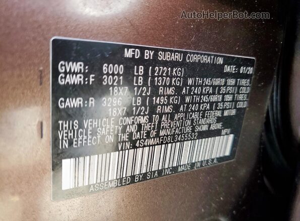 4S4WMAFD8L3455532 2020 SUBARU ASCENT Коричневый Панорамный вид салона 360°