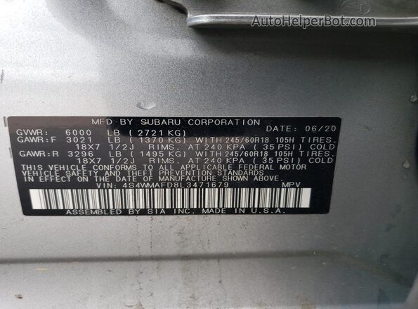 4S4WMAFD8L3471679 2020 SUBARU ASCENT Silver Vista de la etiqueta del VIN