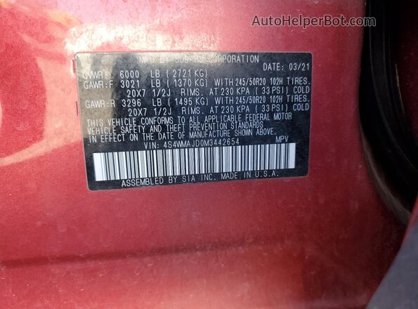 4S4WMAJD0M3442654 2021 SUBARU ASCENT Red VIN կոդի պիտակի տեսք