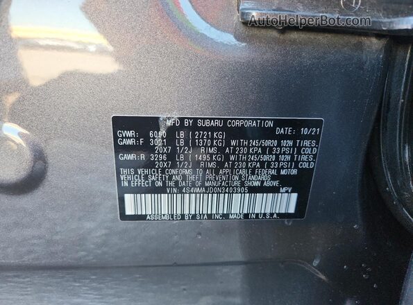 4S4WMAJD0N3403905 2022 SUBARU ASCENT Charcoal ძრავის განყოფილების ხედი
