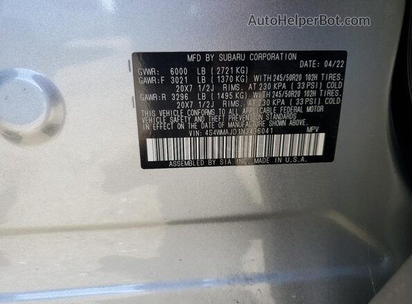 4S4WMAJD1N3436041 2022 SUBARU ASCENT Серебряный Вид наклейки с VIN-кодом