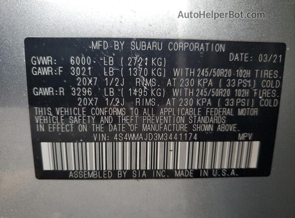 4S4WMAJD3M3441174 2021 SUBARU ASCENT Silver VIN sticker view