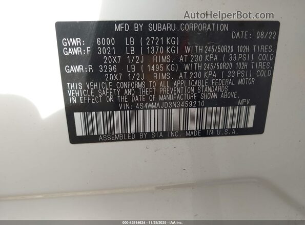 4S4WMAJD3N3459210 2022 SUBARU ASCENT Белый Вид подкапотного пространства