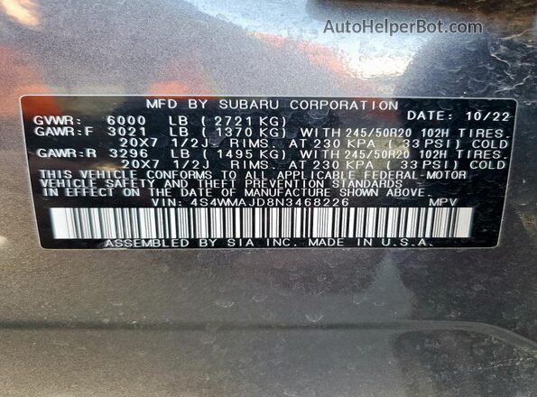 4S4WMAJD8N3468226 2022 SUBARU ASCENT Charcoal 