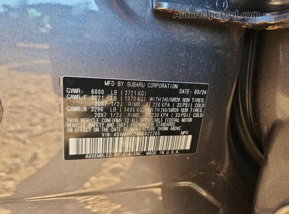 4S4WMAKD8R3432265 2024 SUBARU ASCENT Gray Widok naklejki z numerem VIN