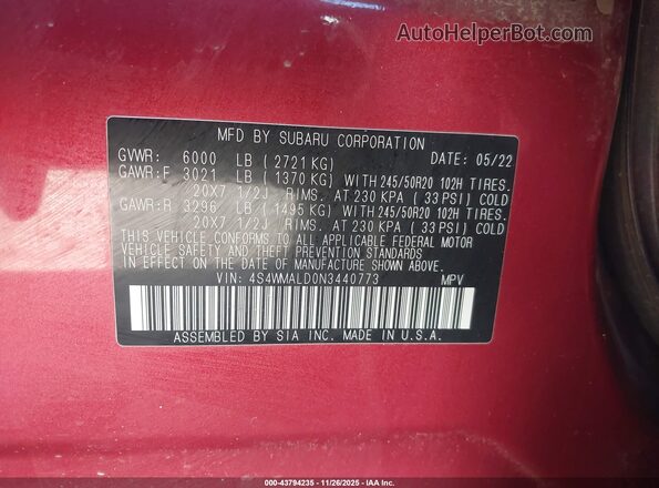 4S4WMALD0N3440773 2022 SUBARU ASCENT Красный Вид подкапотного пространства