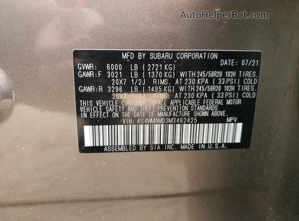 4S4WMAMD3M3462425 2021 SUBARU ASCENT Brown VIN կոդի պիտակի տեսք