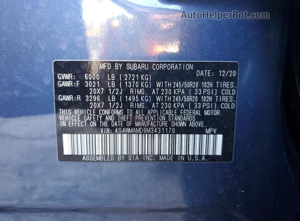4S4WMAMD6M3431170 2021 SUBARU ASCENT Синий Вид наклейки с VIN-кодом