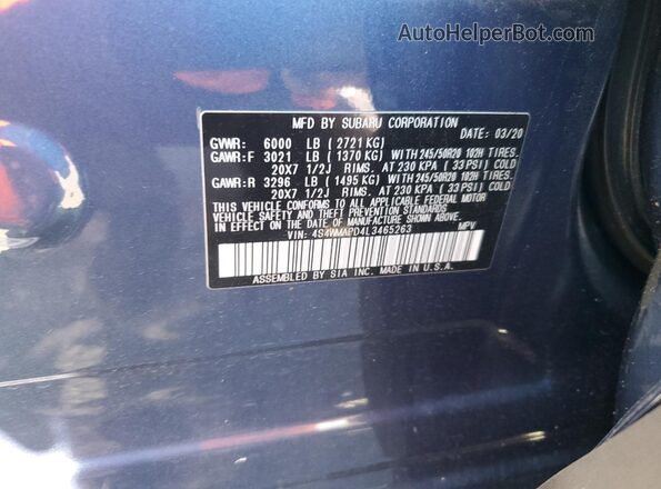 4S4WMAPD4L3465263 2020 SUBARU ASCENT Blue Вид наклейки з VIN-кодом