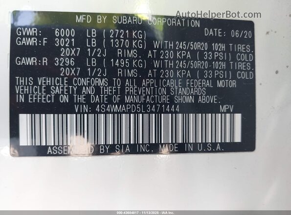 4S4WMAPD5L3471444 2020 SUBARU ASCENT Белый Вид подкапотного пространства