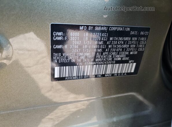 4S4WMAPD6N3450010 2022 SUBARU ASCENT Green Widok naklejki z numerem VIN