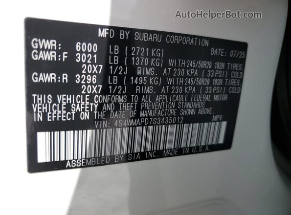4S4WMAPD7S3435012 2025 SUBARU ASCENT Белый Вид наклейки с VIN-кодом