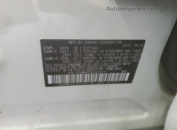 4S4WMAPD8L3409441 2020 SUBARU ASCENT White Widok naklejki z numerem VIN