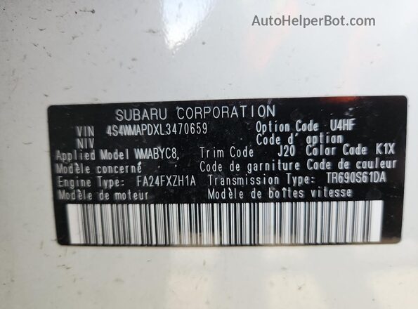 4S4WMAPDXL3470659 2020 SUBARU ASCENT White Vista de la etiqueta del VIN