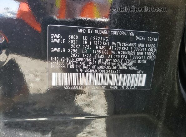 4S4WMARD0L3418812 2020 SUBARU ASCENT Black VIN կոդի պիտակի տեսք