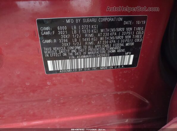 4S4WMARD2L3429603 2020 SUBARU ASCENT Red Շարժիչի բաժամունքի տեսք