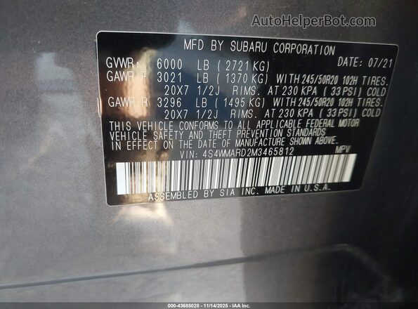 4S4WMARD2M3465812 2021 SUBARU ASCENT Gray 