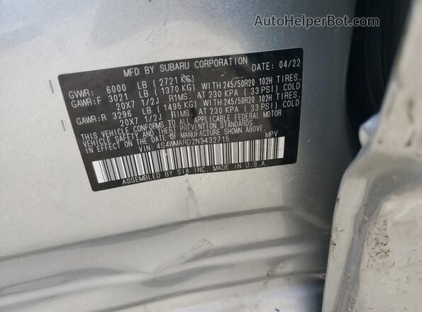 4S4WMARD2N3432715 2022 SUBARU ASCENT Silver VIN კოდის სტიკერის ხედი