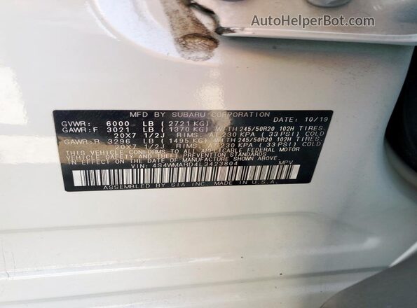 4S4WMARD4L3423804 2020 SUBARU ASCENT White Vista de la etiqueta del VIN