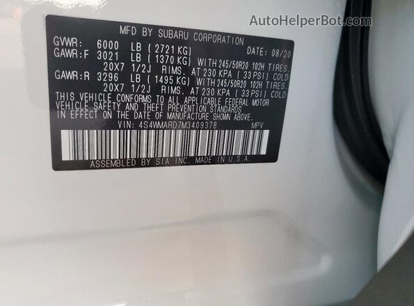 4S4WMARD7M3409378 2021 SUBARU ASCENT White Вид наклейки з VIN-кодом