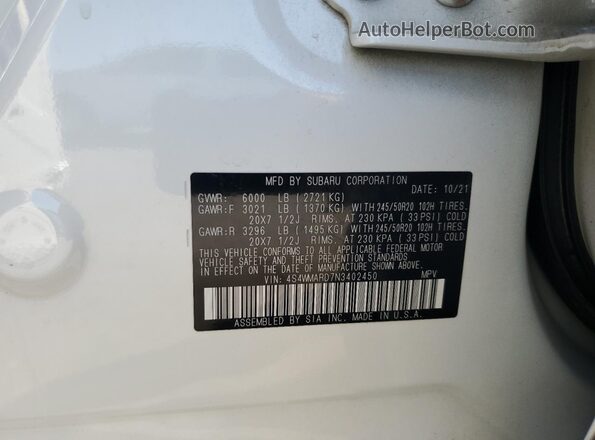 4S4WMARD7N3402450 2022 SUBARU ASCENT White Панорамний вид салону 360°