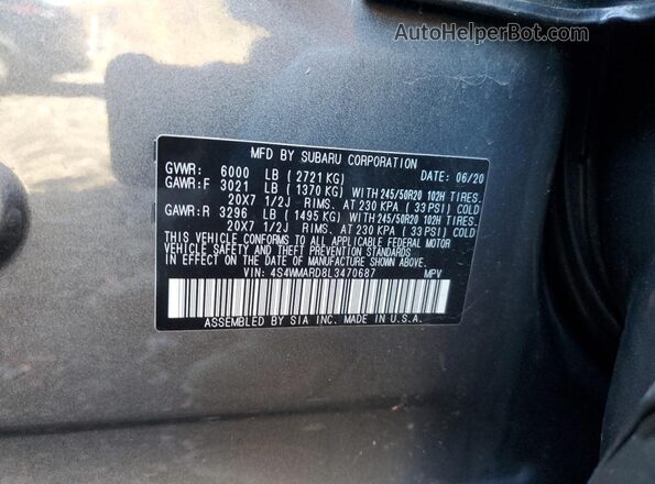 4S4WMARD8L3470687 2020 SUBARU ASCENT Gray Вид наклейки з VIN-кодом