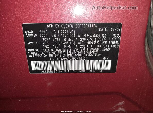4S4WMASD3P3429321 2023 SUBARU ASCENT Красный Вид подкапотного пространства