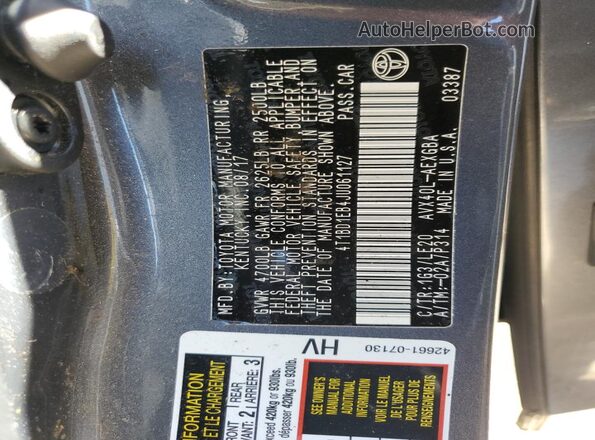 4T1BD1EB4JU061127 2018 TOYOTA AVALON Charcoal Vista de la etiqueta del VIN
