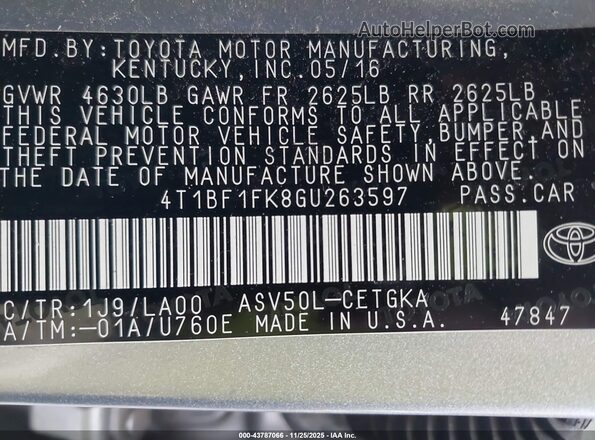 4T1BF1FK8GU263597 2016 TOYOTA LE Silver Vista del compartimento del motor