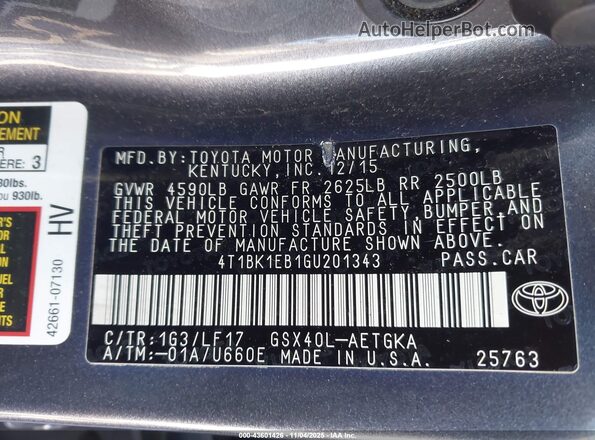 4T1BK1EB1GU201343 2016 TOYOTA AVALON Gray Вид підкапотного простору