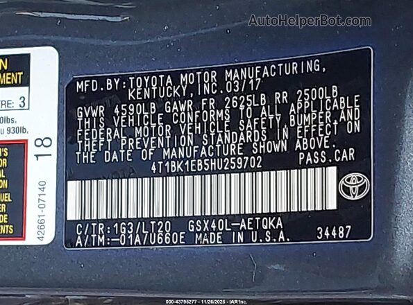 4T1BK1EB5HU259702 2017 TOYOTA AVALON Gray Vista del compartimento del motor