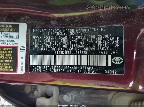 4T1BK1EB5JU282225 2018 TOYOTA AVALON Burgundy ძრავის განყოფილების ხედი