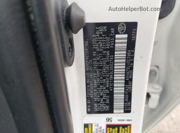 4T1C11BK0LU002760 2020 TOYOTA LE White Vista del compartimento del motor