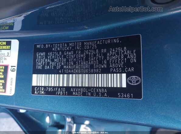 4T1DAACK6TU658982 2026 TOYOTA LE Green Widok komory silnika