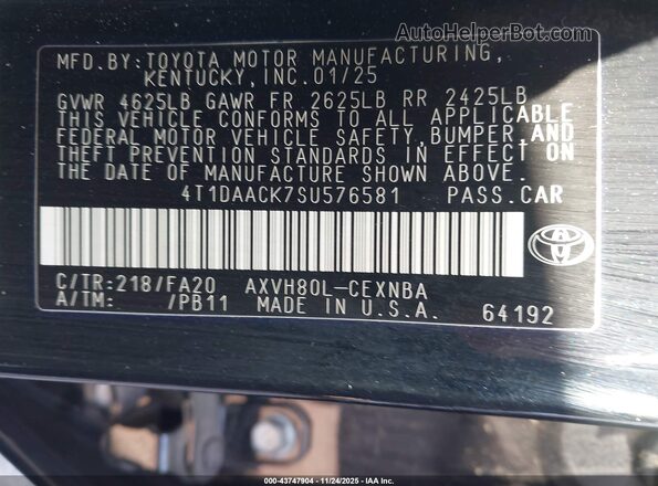 4T1DAACK7SU576581 2025 TOYOTA LE Черный Вид подкапотного пространства
