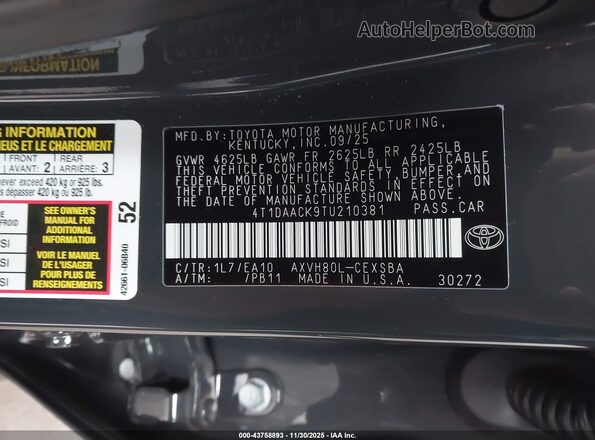 4T1DAACK9TU210381 2026 TOYOTA CAMRY Серый Вид подкапотного пространства