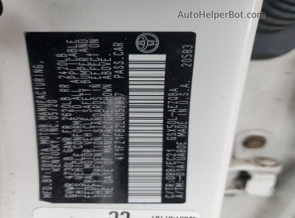 4T1FZ1FB2LU052897 2020 TOYOTA AVALON White Շարժիչի բաժամունքի տեսք
