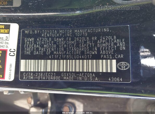 4T1FZ1FB5LU044017 2020 TOYOTA AVALON Black ძრავის განყოფილების ხედი