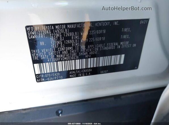 4T3D6RFV2MU036636 2021 TOYOTA LIMITED White ძრავის განყოფილების ხედი
