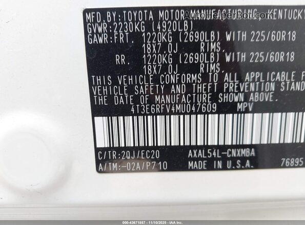 4T3E6RFV4MU047609 2021 TOYOTA RAV4 HYBRID White ძრავის განყოფილების ხედი
