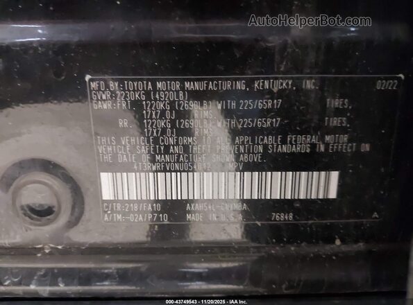 4T3RWRFV0NU054012 2022 TOYOTA LE Black Engine compartment view