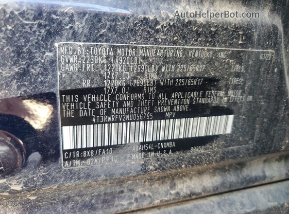 4T3RWRFV2NU056795 2022 TOYOTA LE Blue VIN კოდის სტიკერის ხედი