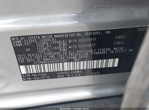 4T3RWRFV4NU061223 2022 TOYOTA LE Серебряный Вид подкапотного пространства