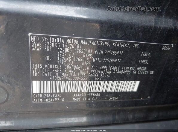 4T3RWRFV6LU004552 2020 TOYOTA LE Black Engine compartment view