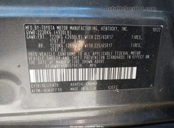 4T3RWRFVXNU079838 2022 TOYOTA LE Gray Շարժիչի բաժամունքի տեսք